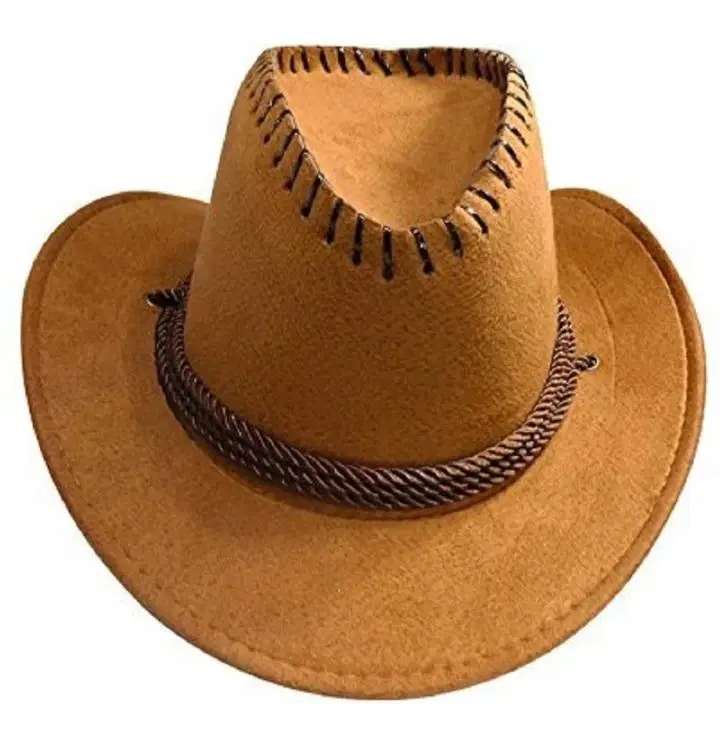 Brown cowboy hat with black contrast stitching and braided band on a white background