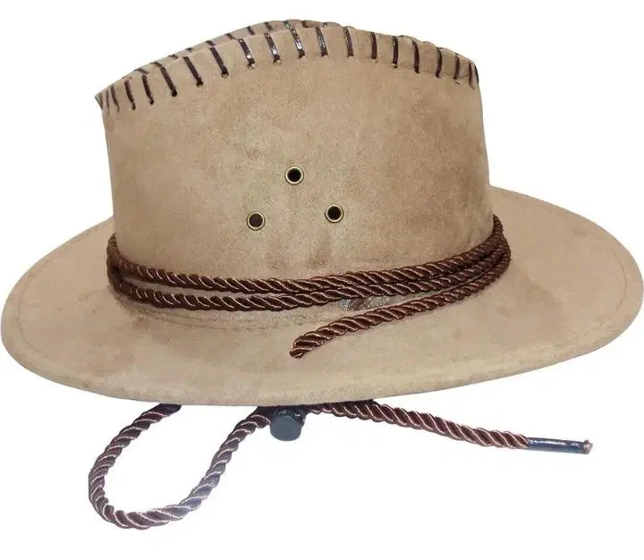 Beige wide-brim cowboy hat with stitched crown, braided band, and chin strap on white background
