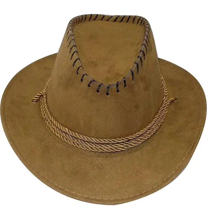 Brown cowboy-style hat with black whipstitch trim and braided rope band on a white background