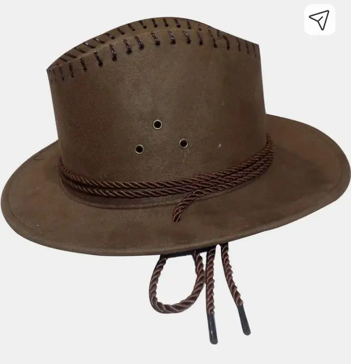 Brown wide-brim cowboy hat with braided band, stitched crown edge, and chin ties on white background