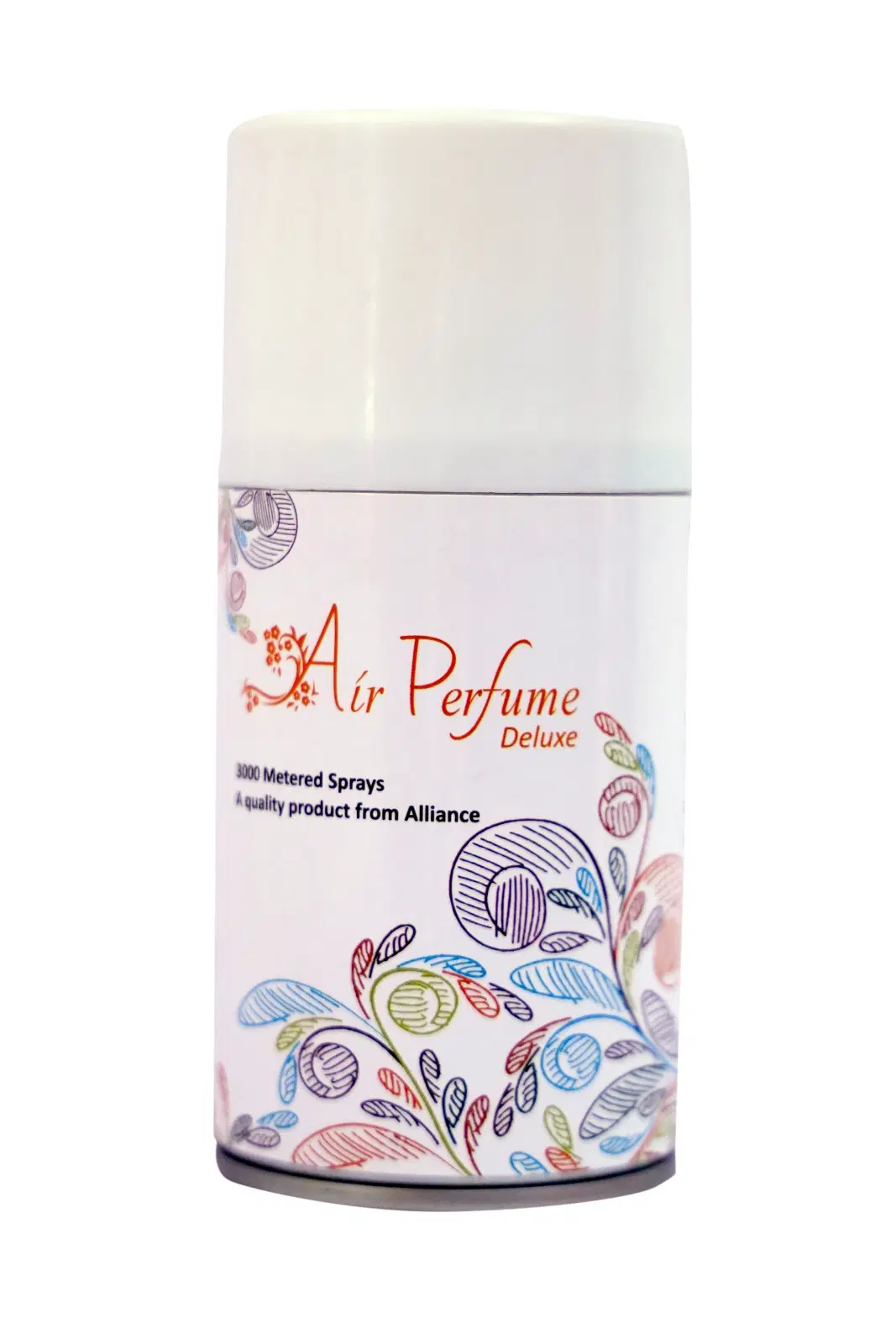 White Air Perfume Deluxe spray can with colorful floral pattern and rounded cap