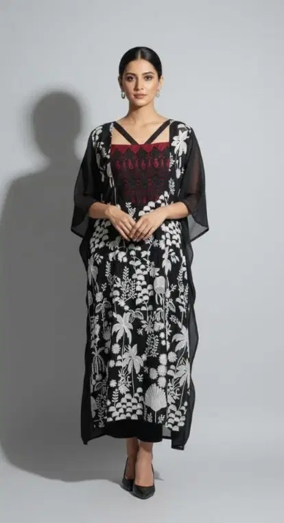 Women's Black Floral Printed Straight Kurta Dress