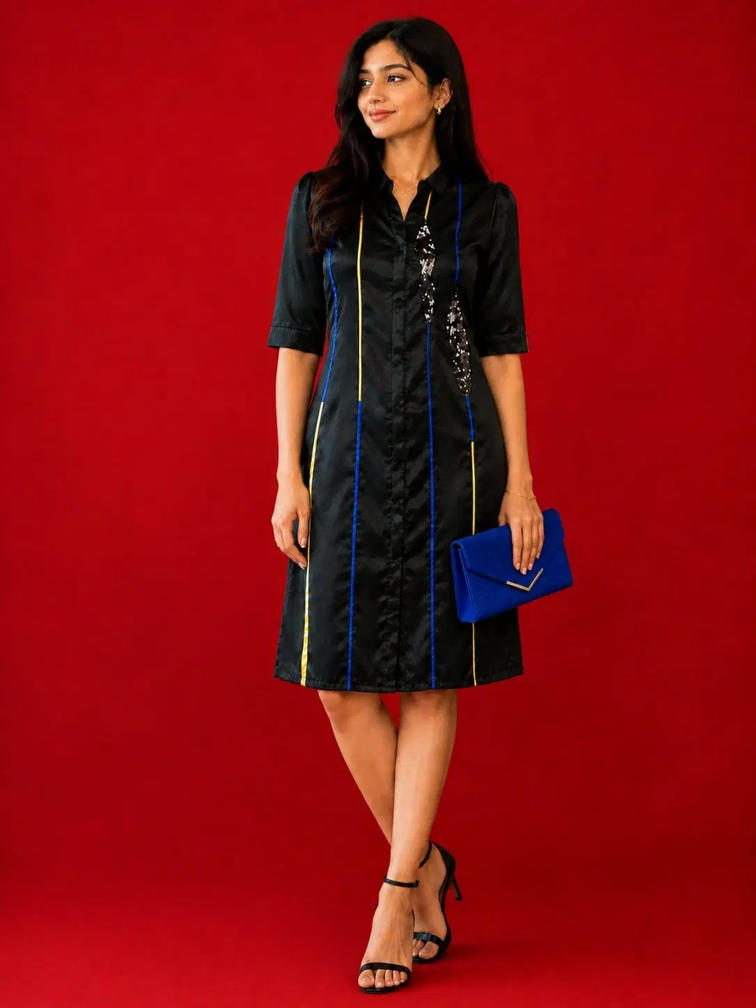 Women Black Shirt Dress with Contrast Stripe Detail