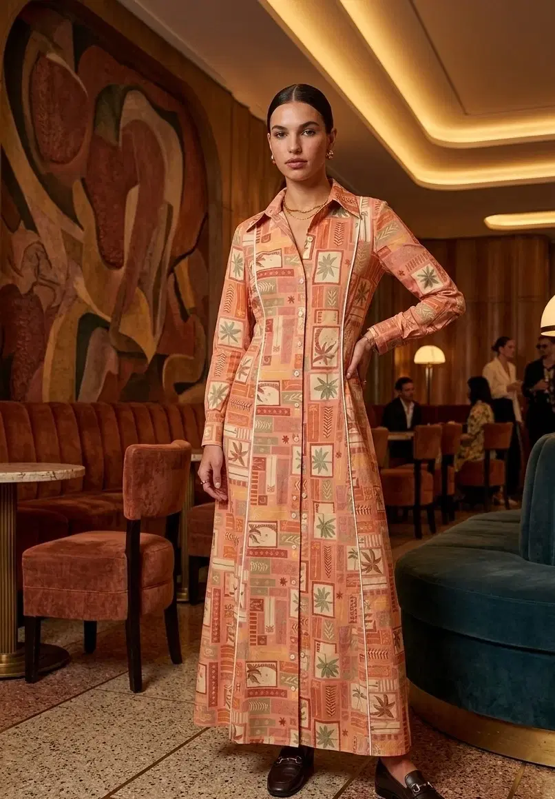 Women’s Printed A-Line Midi Dress with Embellished Back Panel