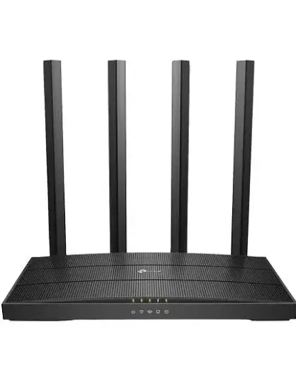 Black TP-Link Wi‑Fi router with four upright external antennas on a white background