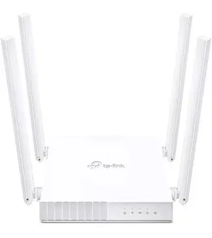 White TP-Link wireless router with four external antennas and front LED indicators