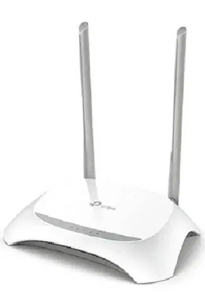 White TP-Link wireless router with two upright external antennas