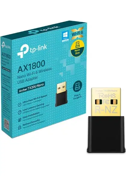 TP-Link Archer TX20U Nano AX1800 Wi‑Fi 6 USB adapter with retail box and compact black-gold dongle