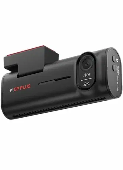 Black CP Plus 4G 2K dash camera with windshield mount and front lens