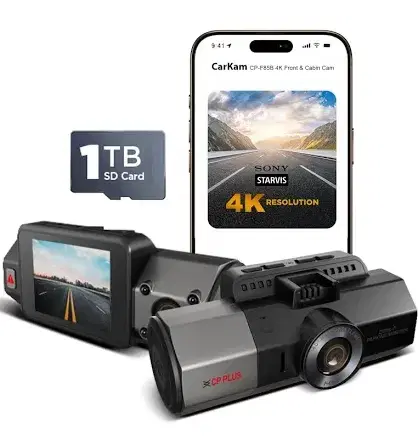 CP Plus dual dash camera with screen, 4K front and cabin cam, phone display, and 1TB SD card support