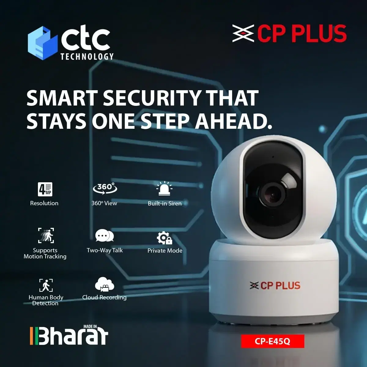 CP Plus CP-E45Q 4MP smart security camera with 360° view and motion tracking features