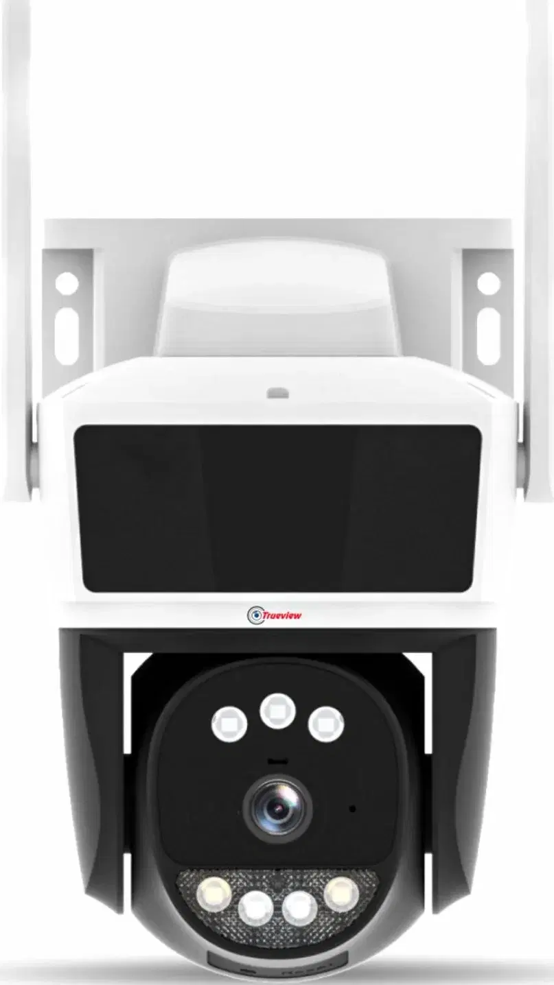 White and black wall-mounted Trueview outdoor PTZ security camera with lens and LED lights