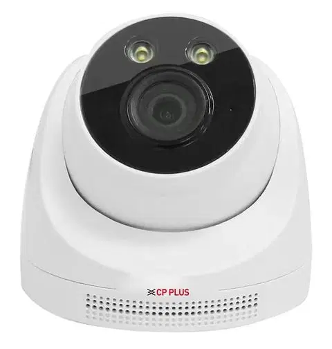 White CP Plus indoor pan-tilt security camera with black lens face and dual LED lights