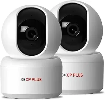 Two white CP PLUS indoor smart security cameras with black front lens panels