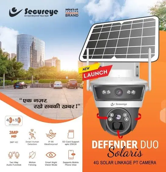 Secureye Defender Duo Solaris 4G solar PT security camera with panel, dual antennas and feature icons