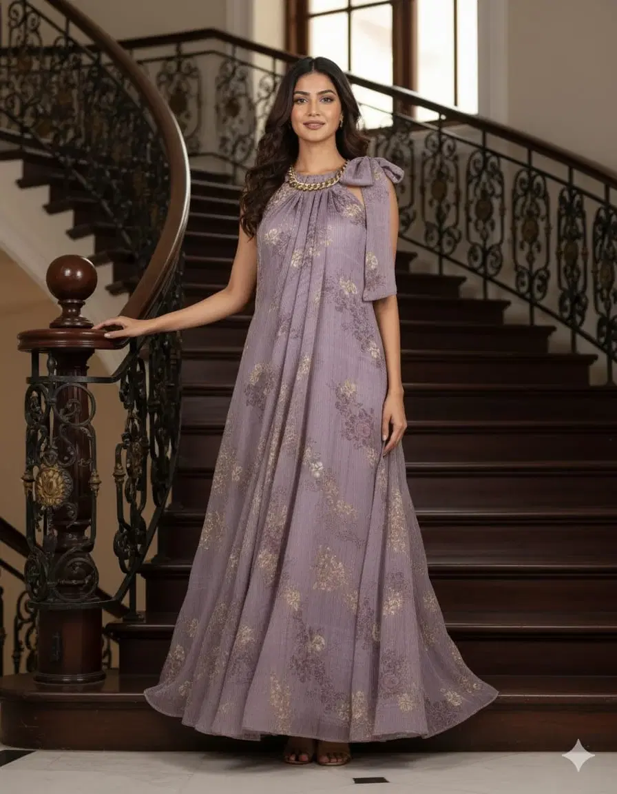 Woman wearing a lavender embellished floor-length maxi dress with a bow shoulder detail indoors