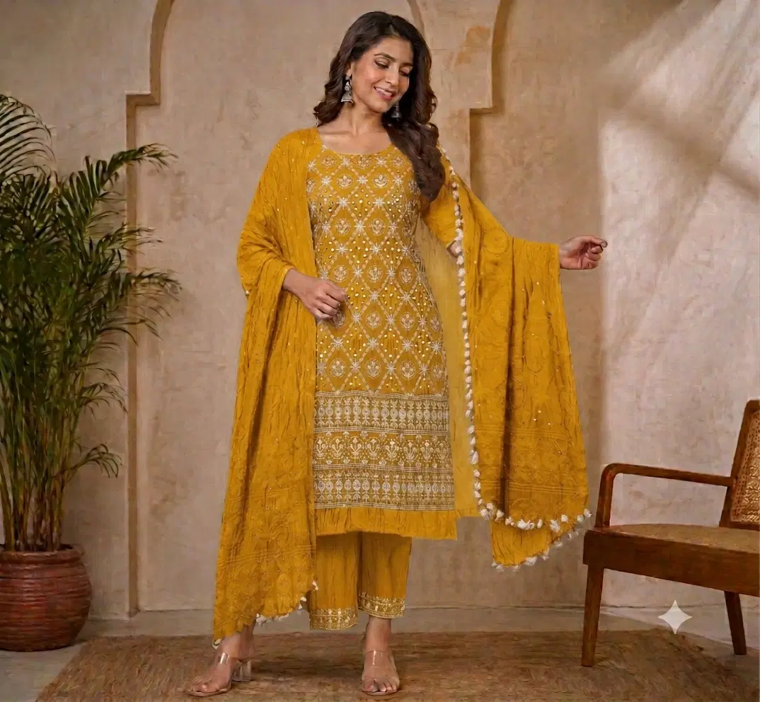 Woman wearing a mustard embroidered kurta palazzo set with matching dupatta and tassel details