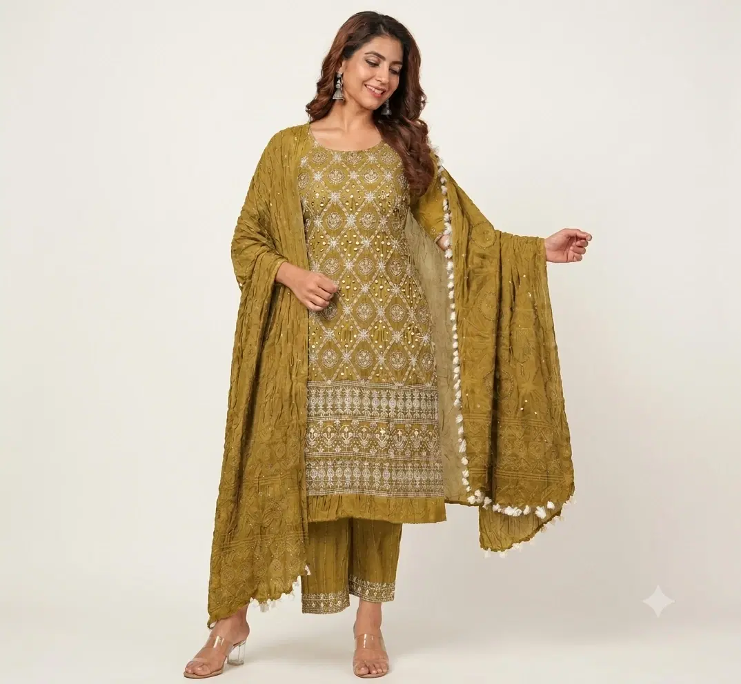 Woman wearing an olive embroidered kurta palazzo set with matching dupatta and silver detailing