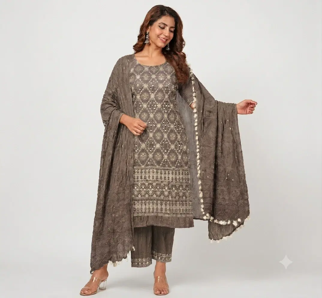 Woman wearing a grey embroidered kurta palazzo set with matching dupatta and tassel border