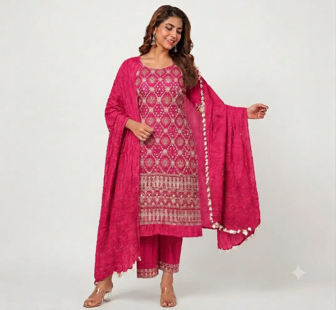 Woman wearing a bright pink embroidered kurta set with matching pants and dupatta