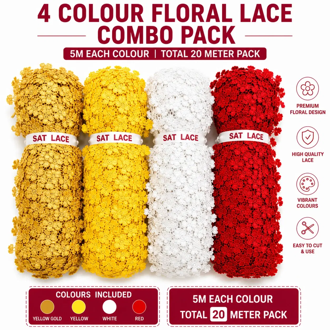Four rolls of SAT floral lace trim in yellow gold, yellow, white and red, 5 meters each