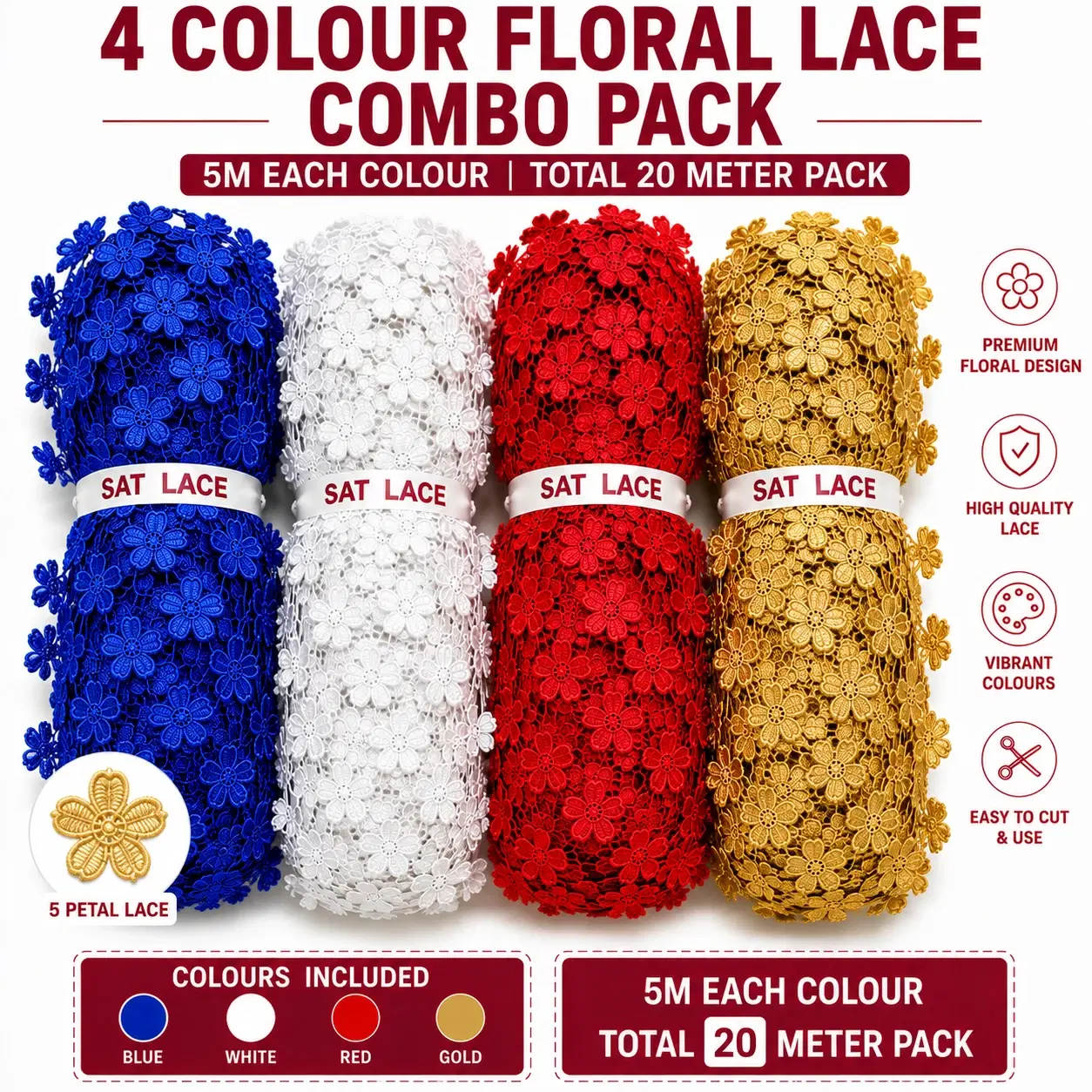 Four rolls of floral lace trim in blue, white, red and gold, 5 meters each, total 20 meter combo pack