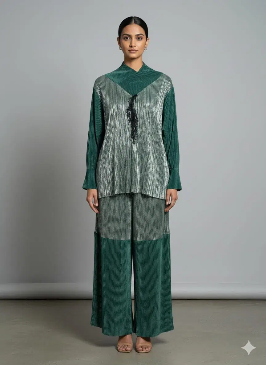 Woman wearing a green and silver pleated kurta with matching wide-leg palazzo pants