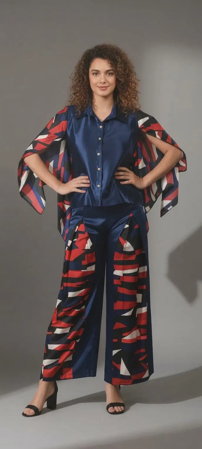 Woman wearing a blue satin co-ord set with printed sheer bell sleeves and matching wide-leg pants