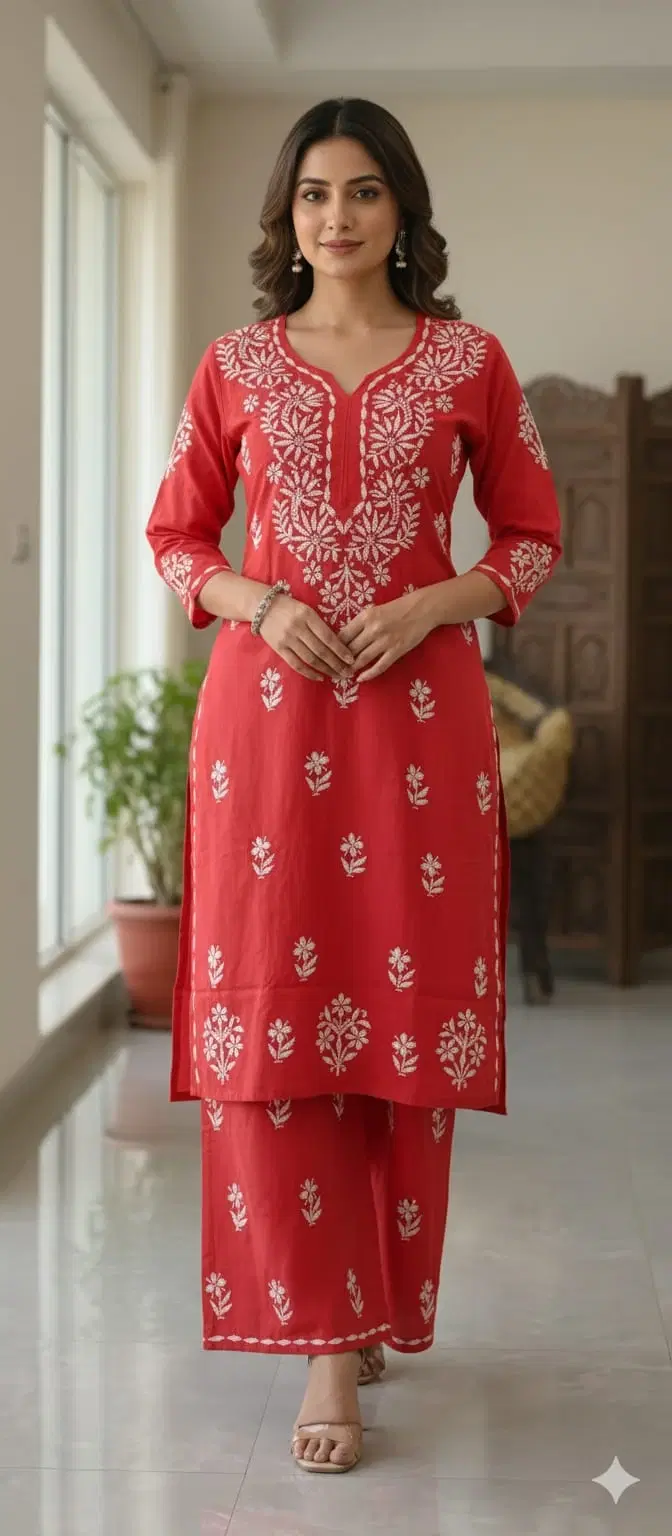 Lucknow Handwork Chikankari 2 Piece Palazzo Set With White Embroidery