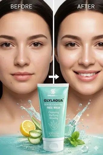 Glylaqua face wash tube with before and after skincare result, lemon, cucumber and mint splash design