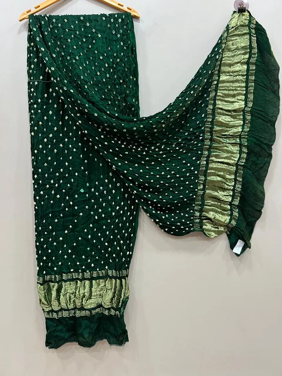 Green Bandhani Style Georgette Dupatta with Gold Border