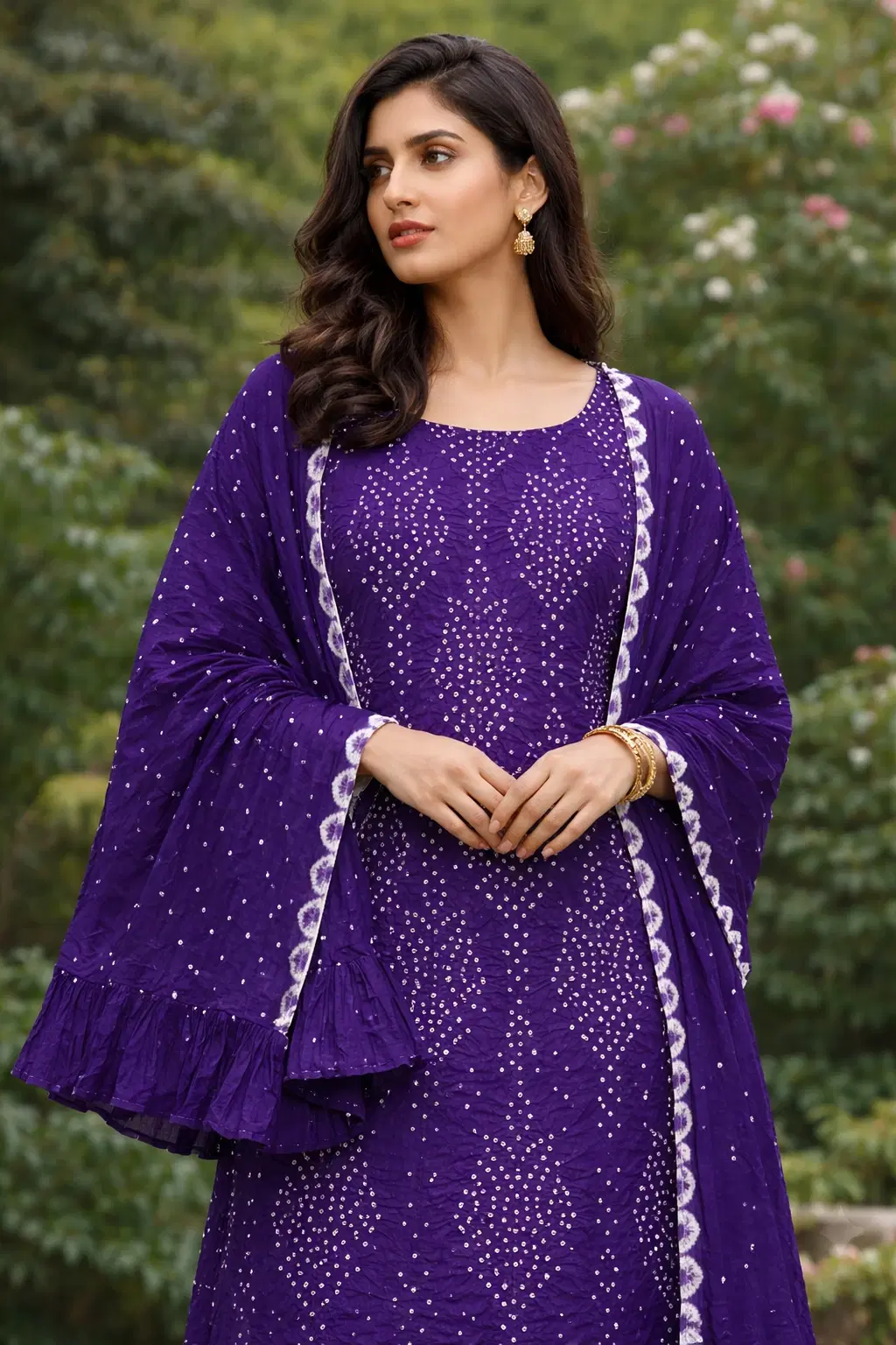 Purple Traditional Bandhani Dress with Dupatta
