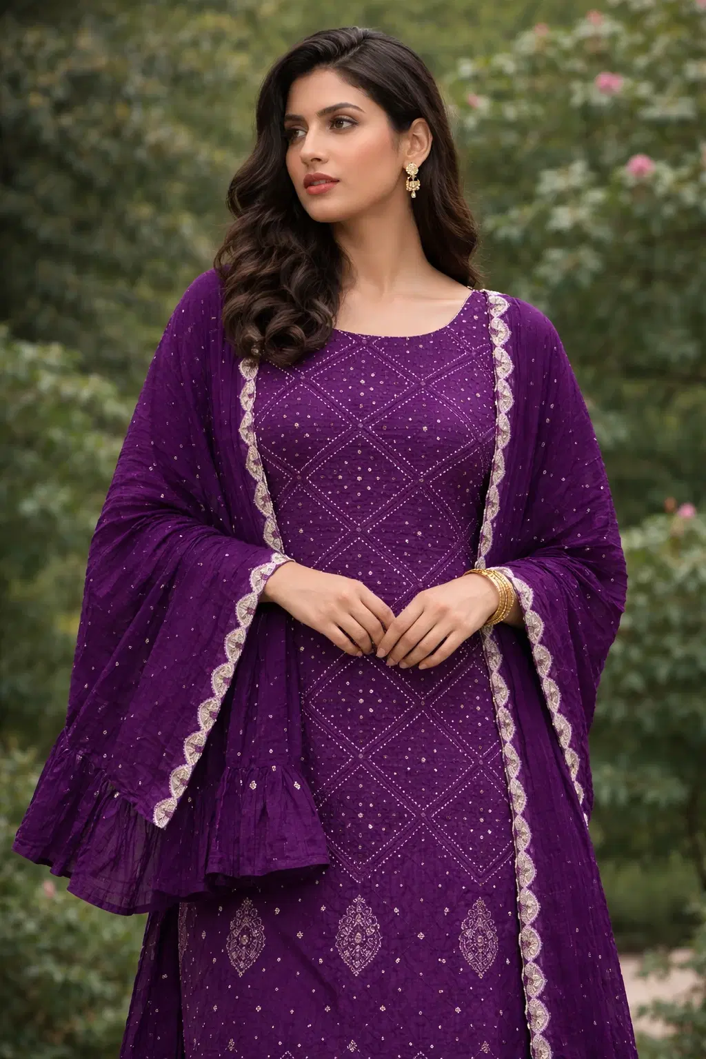 Purple Embroidered Traditional Bandhani with lakhnawi work Salwar Kameez with Matching Dupatta