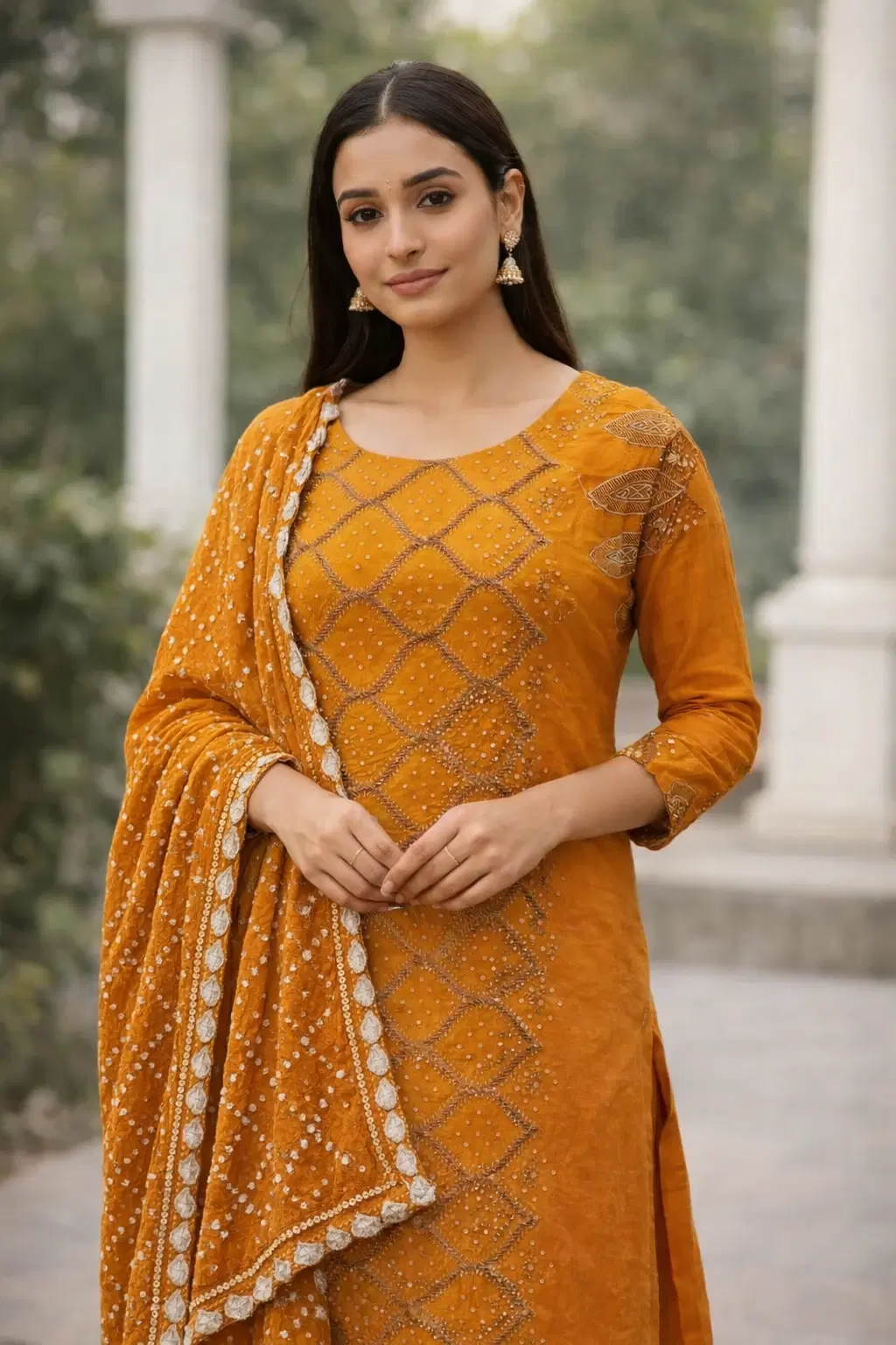Women's Mustard Embroidered Ethnic Kurta with Dupatta