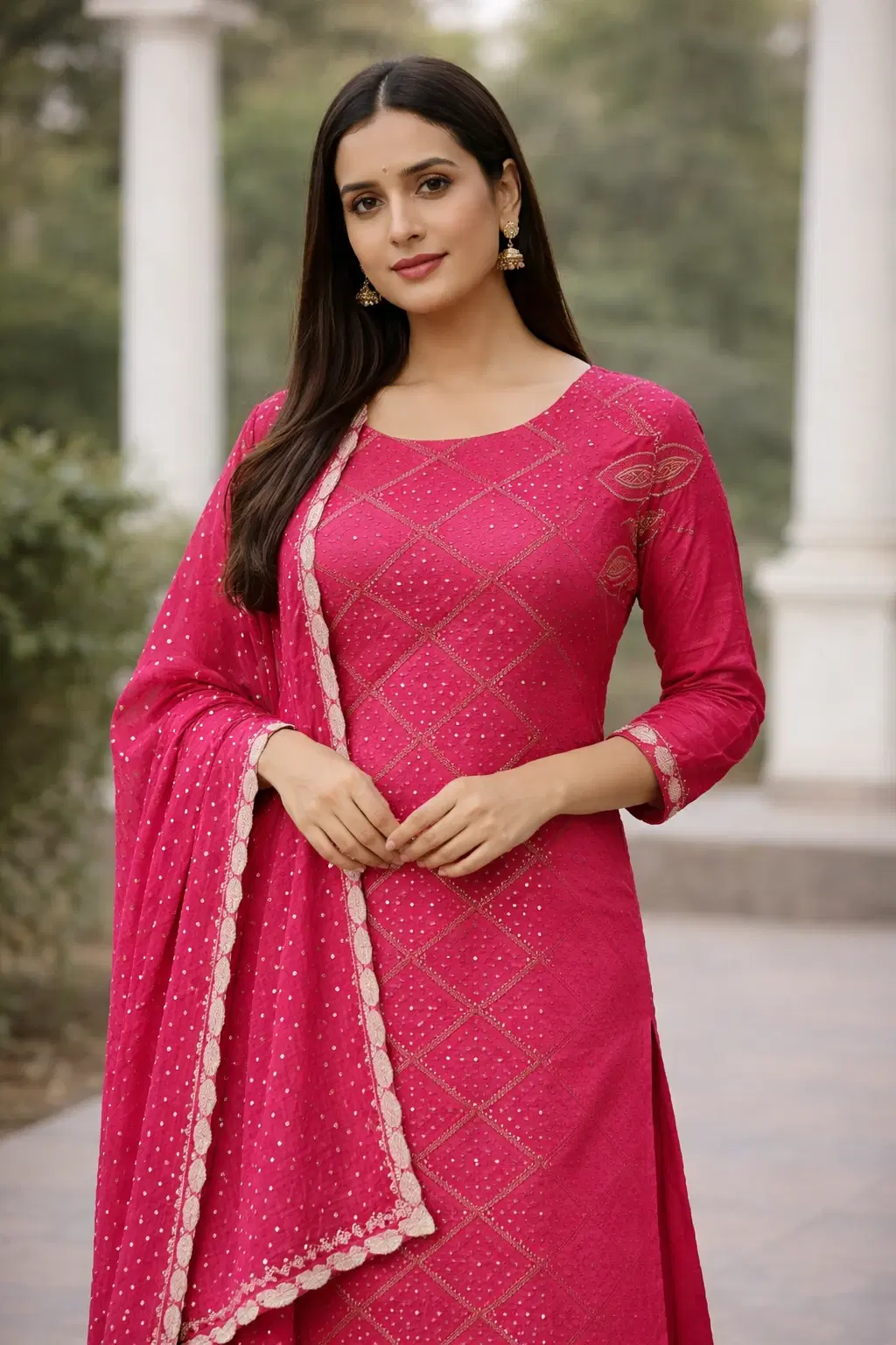 Pink Embroidered Traditional Bandhani with embroidery work Women's Kurta with Dupatta