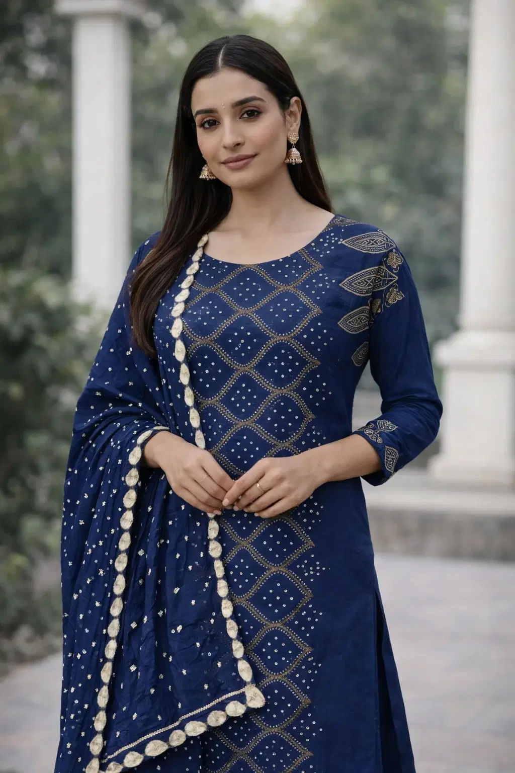 Elegant Blue Bandhani with Embroidered Women's Ethnic Kurta with Dupatta