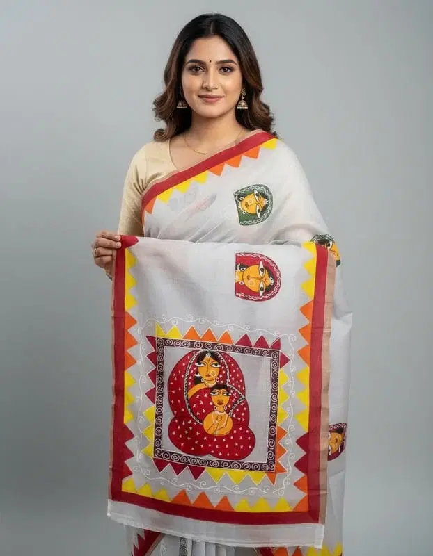 Kerala Cotton Saree with Hand Paint with Blouse Piece
