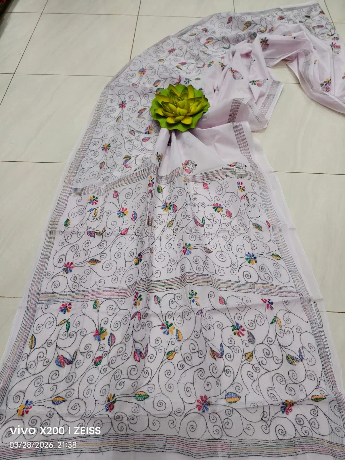 Elegant White Embroidered Assam Silk Saree with Blouse Piece
