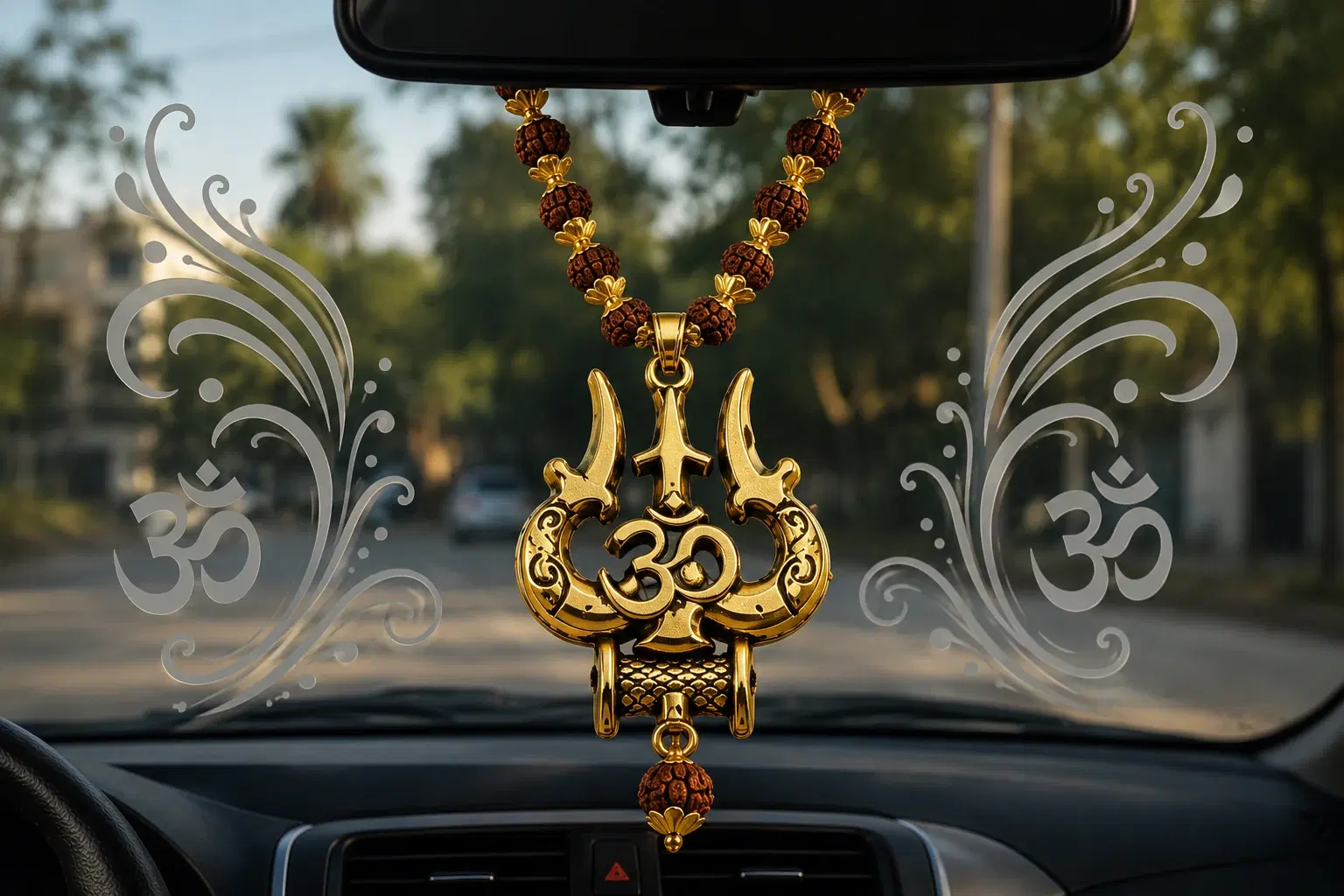 Golden Om Trident Car Hanging Ornament with Rudraksha Beads