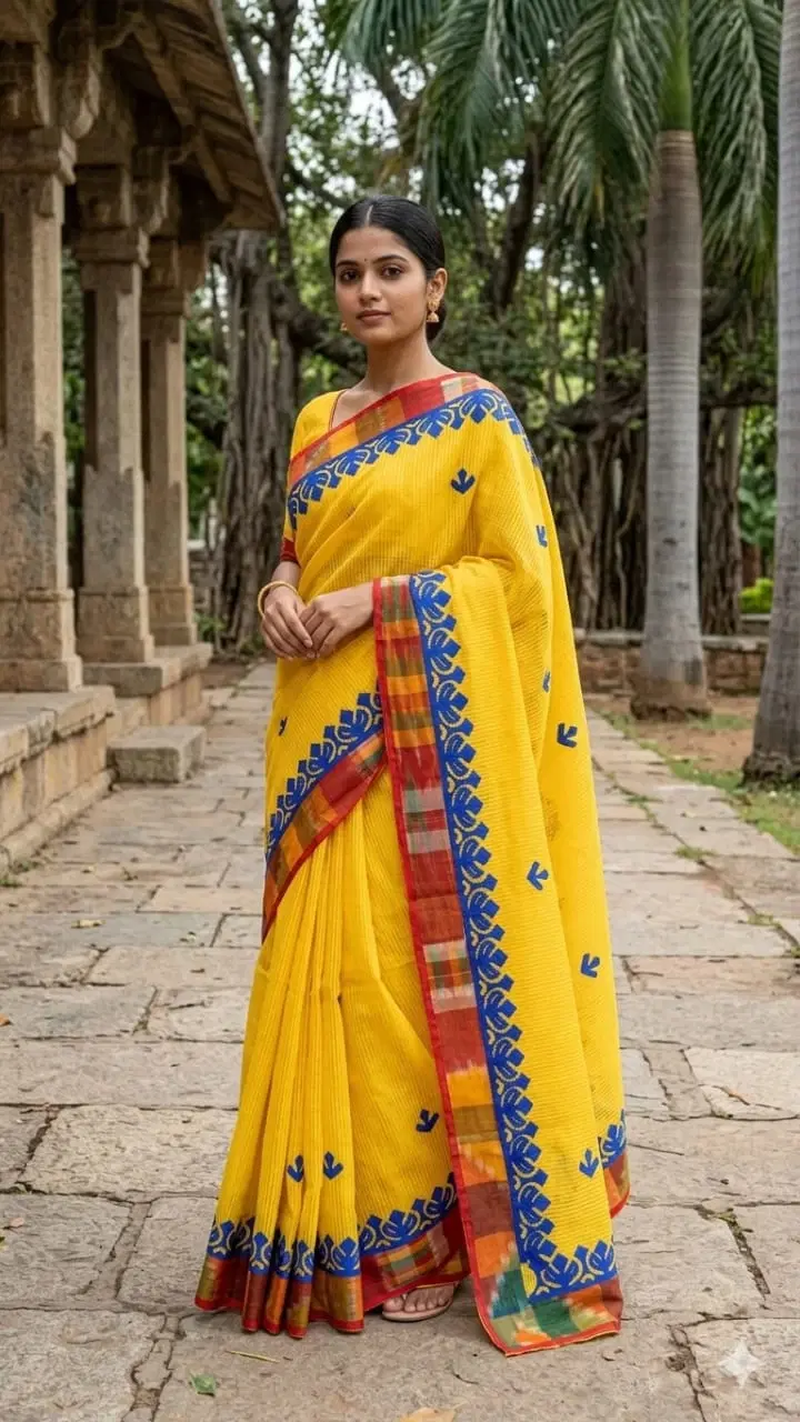 Elegant Yellow Cotton Saree with Blue Border