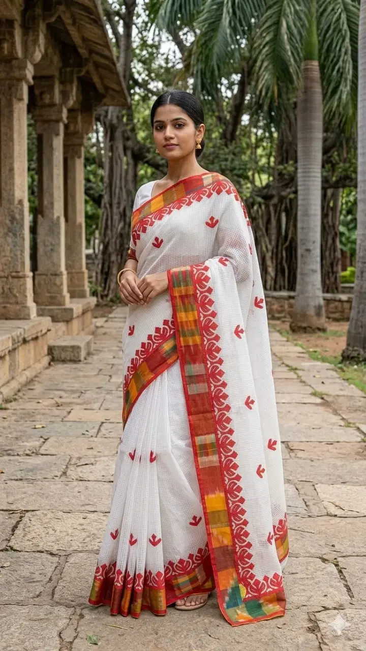 Traditional Handwoven Cotton Saree with Red Border