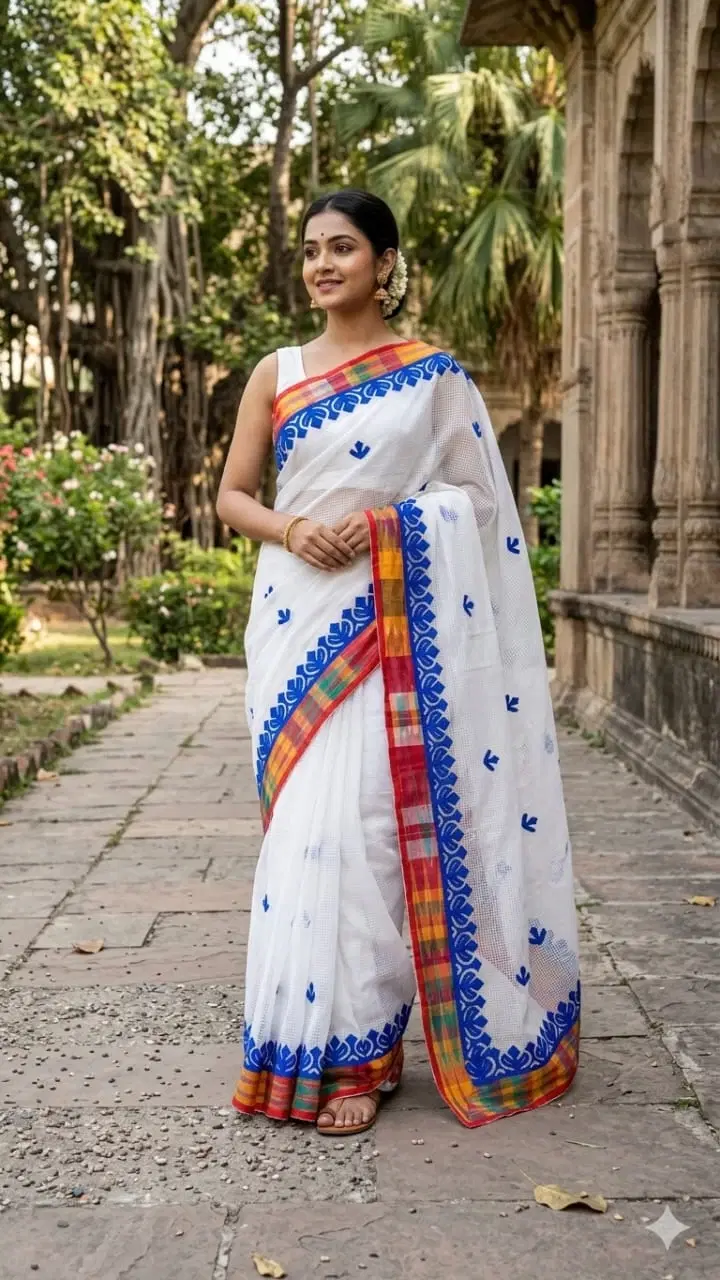 Elegant White Traditional Saree with Colorful Border