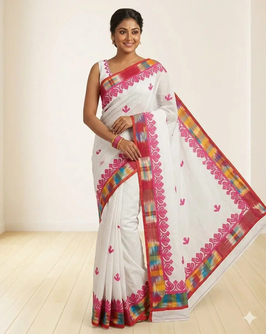 Stylish White Cotton Saree with Floral Print