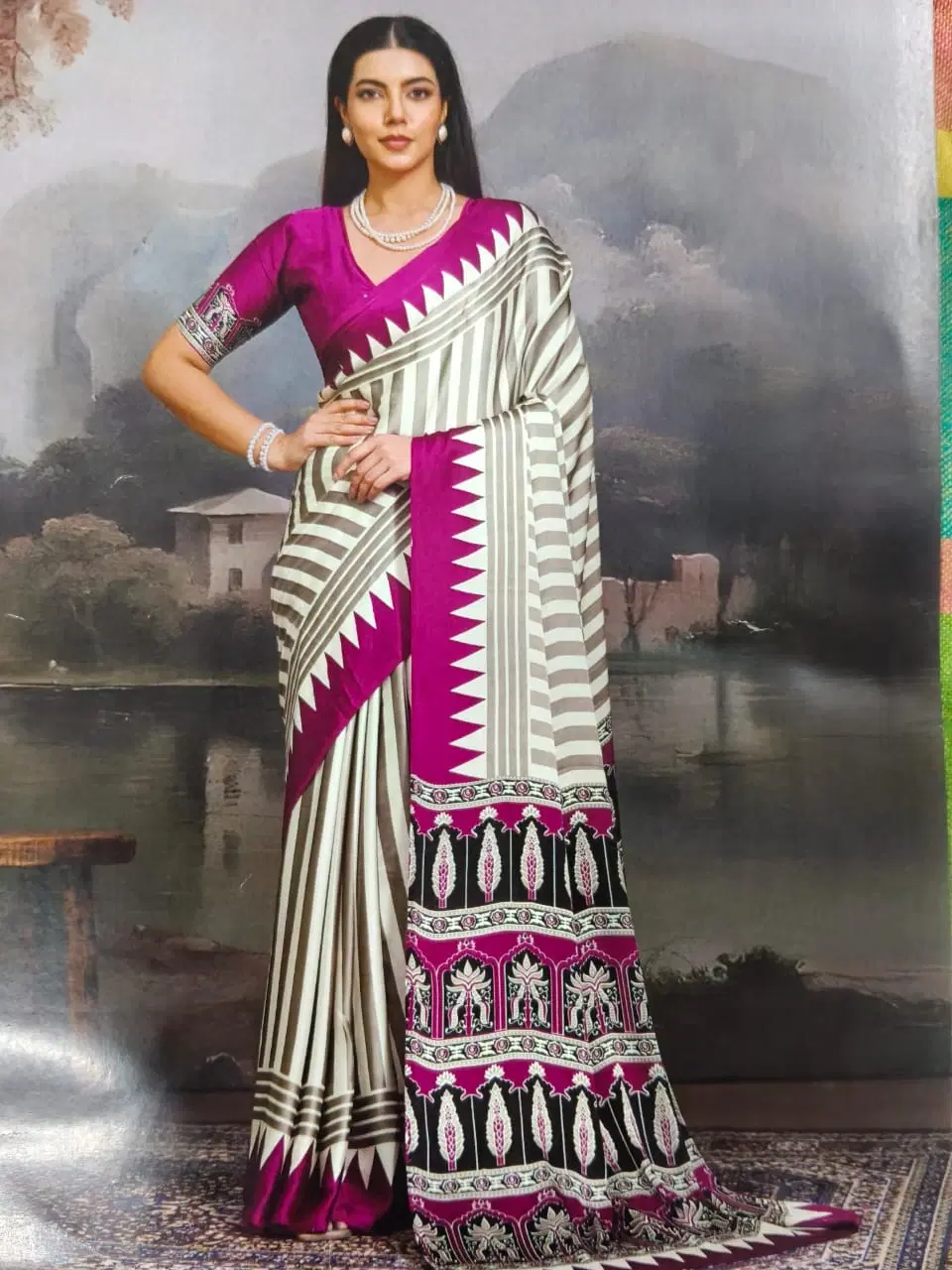 Elegant Printed Saree with Contrast Blouse