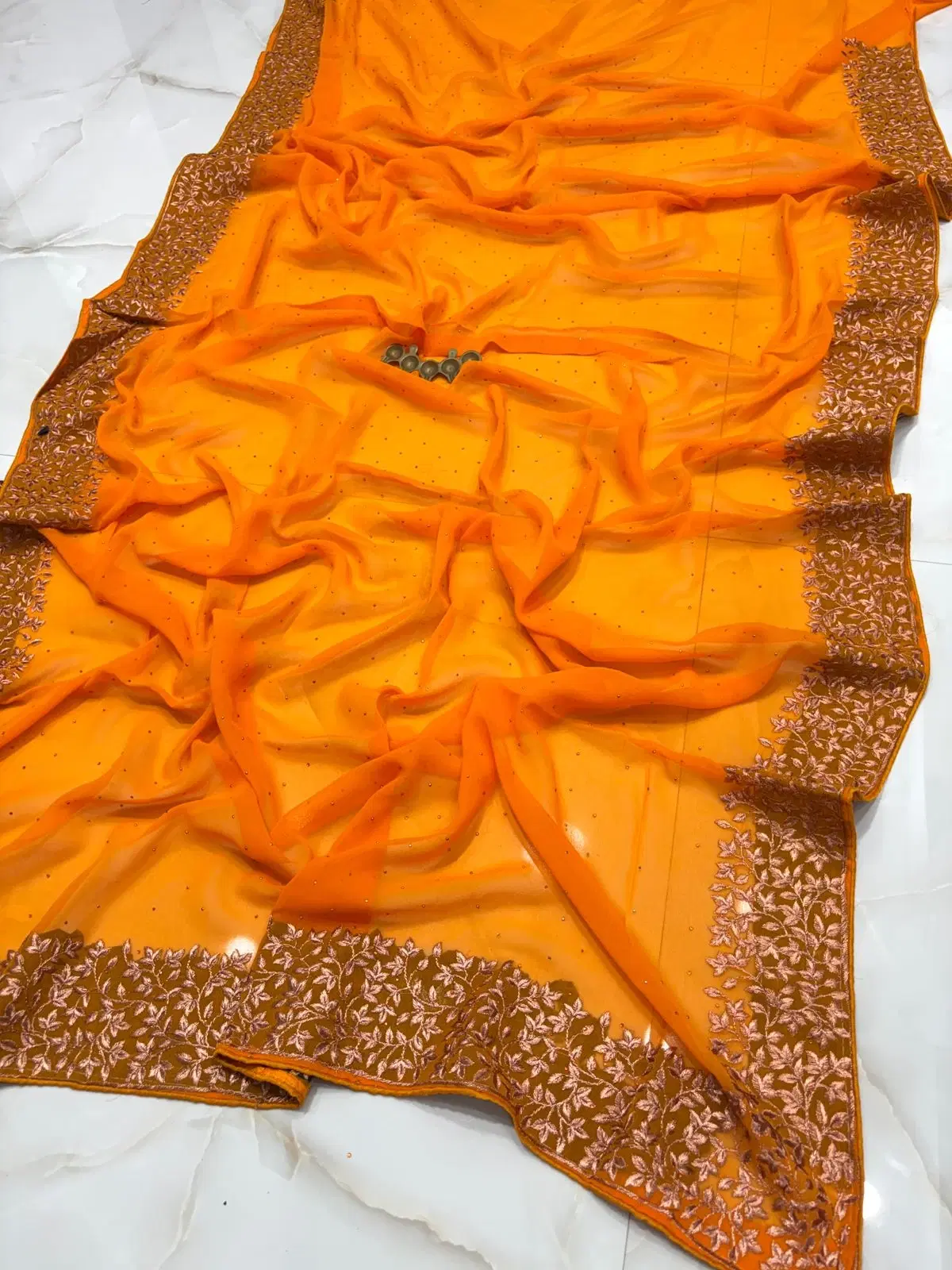 Embroidered Orange Chiffon Saree with Floral Border