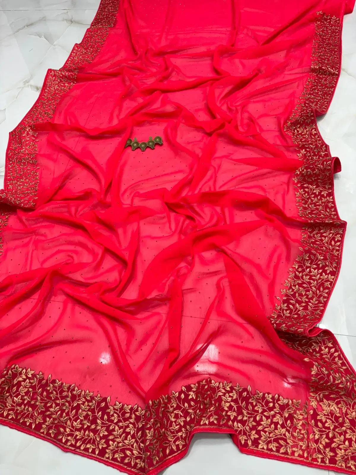Embroidered Pink Silk Saree with Gold Border