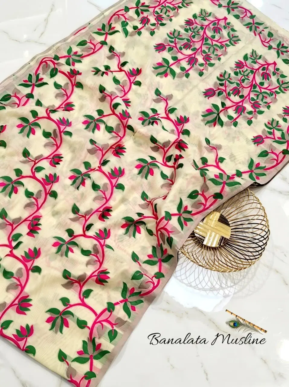 Floral Muslin Silk Saree in Cream with Pink and Green Vine Print