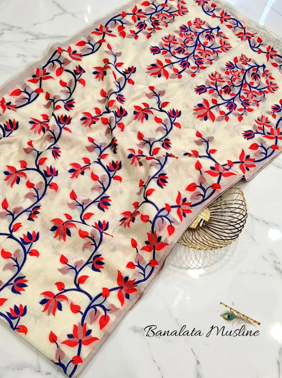 Floral Embroidered Banalata Musline Saree