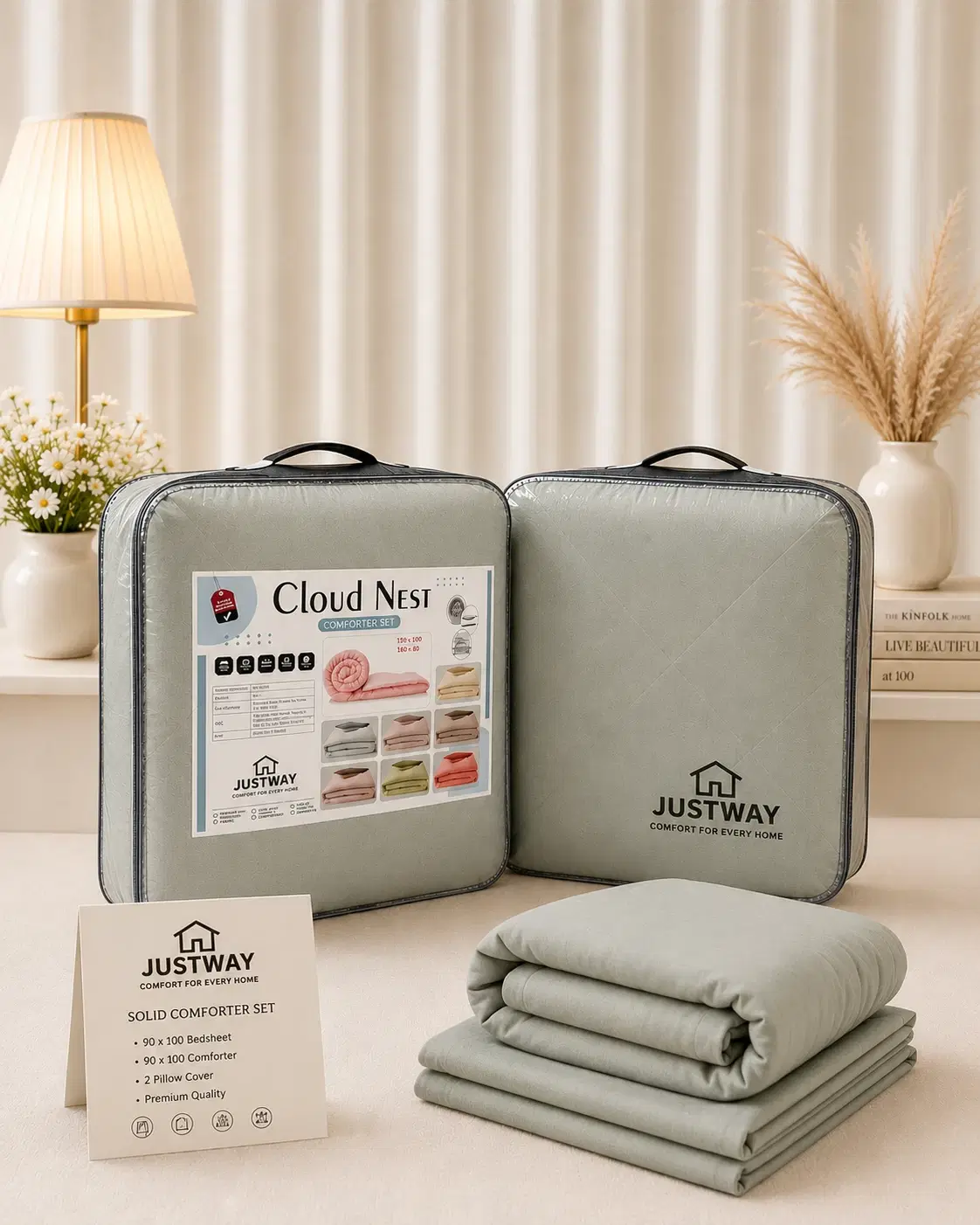 JUSTWAY Cloud Nest Solid Comforter Set with Bedsheet and Pillow Covers