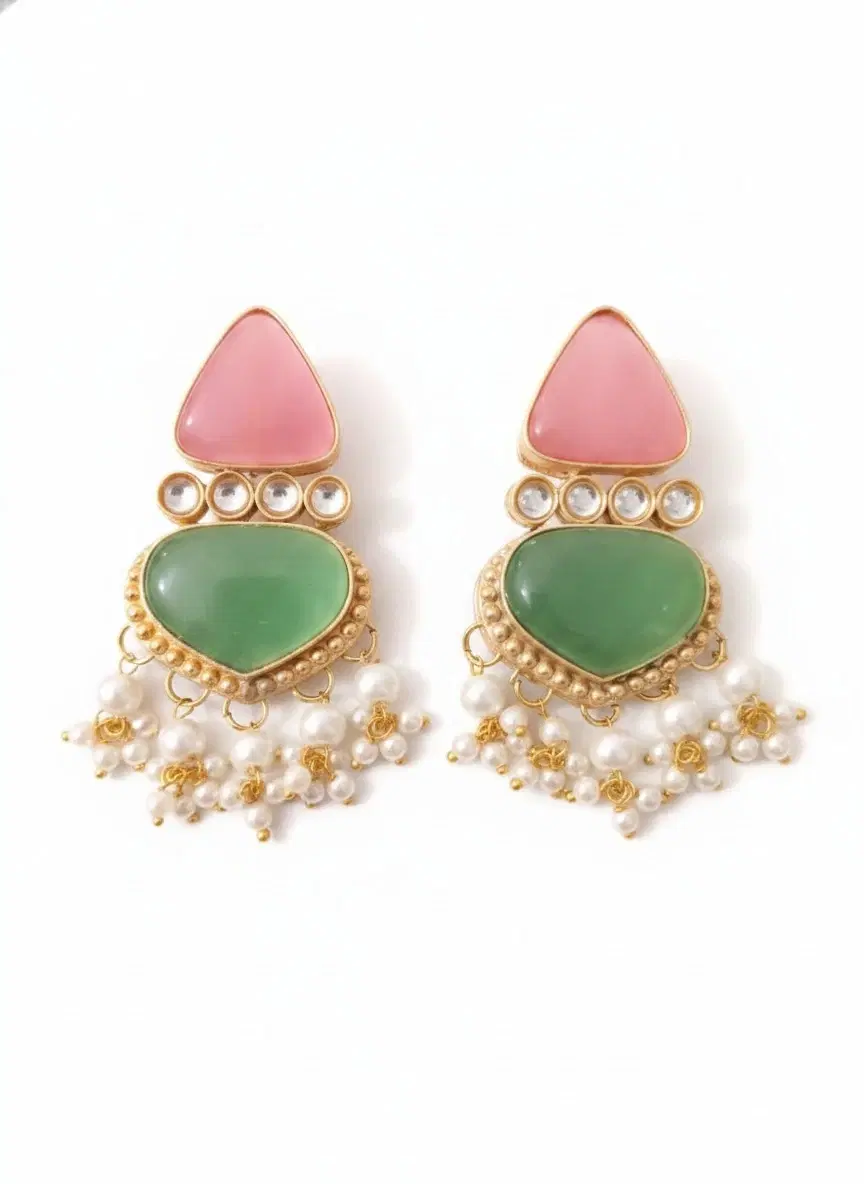 Gold-Toned Pink & Green Stone Pearl Drop Earrings